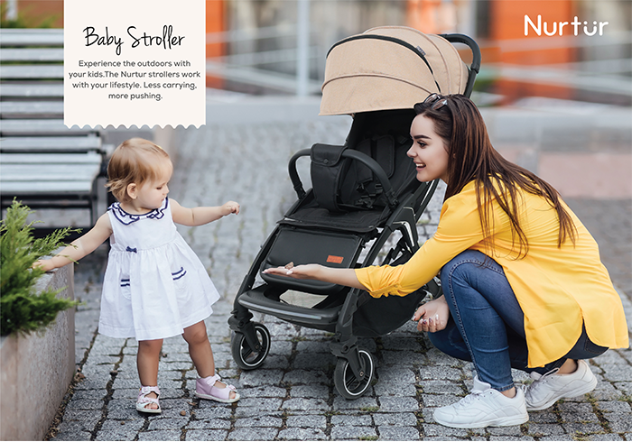 Nurtur Aspen Baby Stroller 0 to 36 months, Storage Basket, Leatherette details, One -hand fold design, 5 Point Safety Harness, EVA wheels - Black/Grey