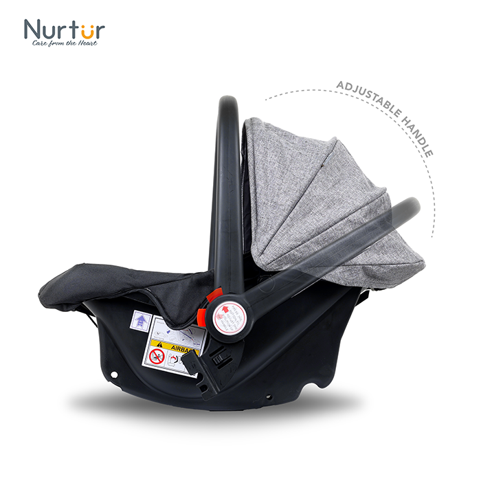 Nurtur Plus Travel System - Stroller with Baby Carrier, 0 36 months, Storage Basket, Detachable Bumper, 5 Point Safety Harness, Compact Foldable Design, Grey