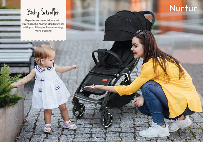 Nurtur Aspen Baby Stroller 0 to 36 months, Storage Basket, Leatherette details, One -hand fold design, 5 Point Safety Harness, EVA wheels - Black/Grey