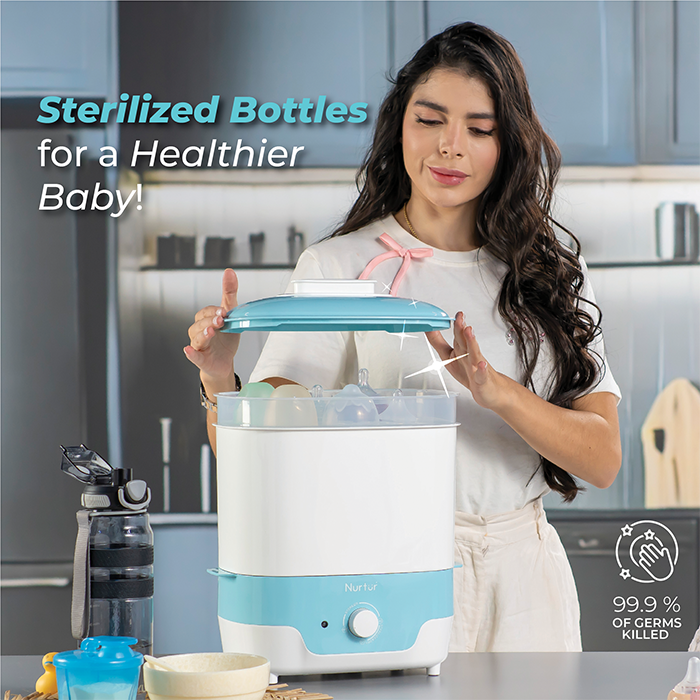 Nurtur Steri Modular Sterilizer dryer, Auto Steam and Dry baby bottles and accessories, 8 bottle capacity, mnodular design, auto shut off, UK Plug, led Timer Function