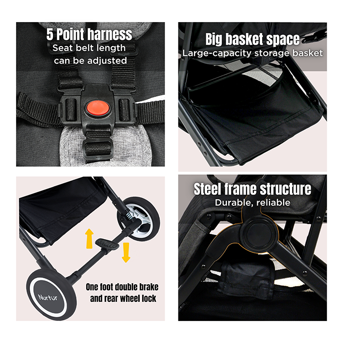 Nurtur Plus Travel System - Stroller with Baby Carrier, 0 36 months, Storage Basket, Detachable Bumper, 5 Point Safety Harness, Compact Foldable Design, Black