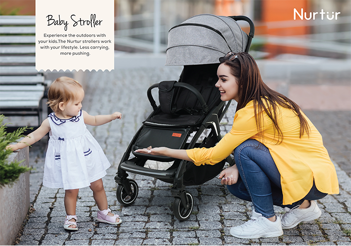 Nurtur Aspen Baby Stroller 0 to 36 months, Storage Basket, Leatherette details, One -hand fold design, 5 Point Safety Harness, EVA wheels - Black/Grey