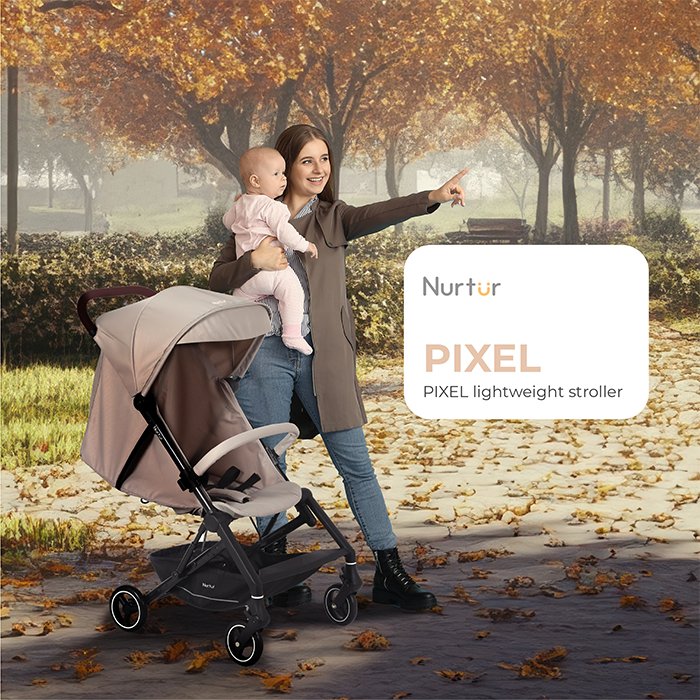 Nurtur Pixel Baby/Kids Travel Cabin Stroller, Aluminium Alloy, leatherette details, 0 36 months, Storage Basket, Detachable Bumper, 5 Point Safety Harness, Compact Foldable Design, Black