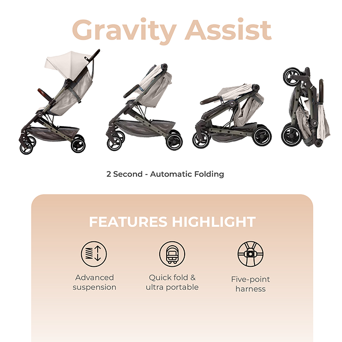 Nurtur Pixel Baby/Kids Travel Cabin Stroller, Aluminium Alloy, leatherette details, 0 36 months, Storage Basket, Detachable Bumper, 5 Point Safety Harness, Compact Foldable Design, Sand