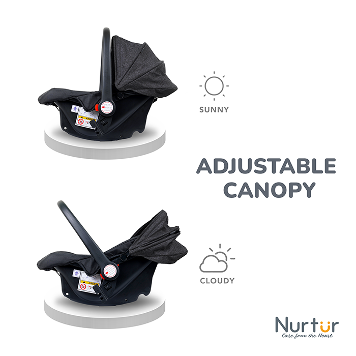 Nurtur Plus Travel System - Stroller with Baby Carrier, 0 36 months, Storage Basket, Detachable Bumper, 5 Point Safety Harness, Compact Foldable Design, Black