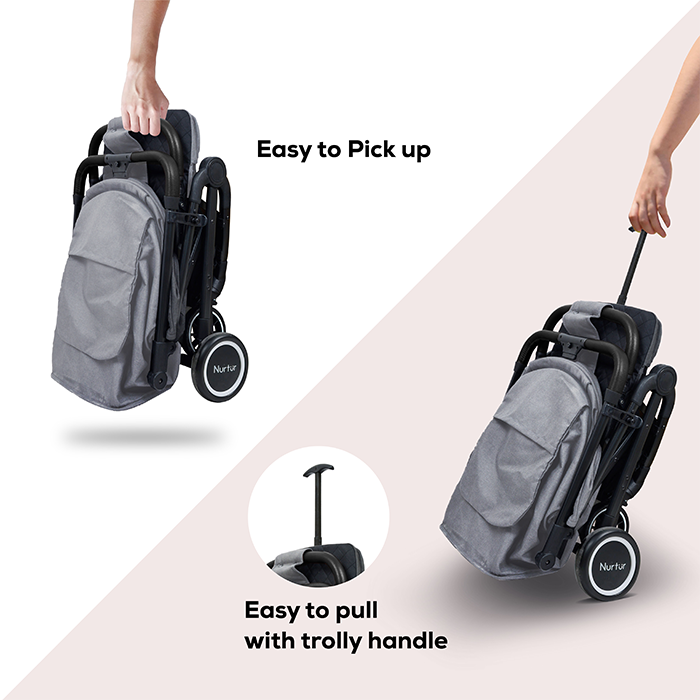 Nurtur Plus Travel System - Stroller with Baby Carrier, 0 36 months, Storage Basket, Detachable Bumper, 5 Point Safety Harness, Compact Foldable Design, Grey