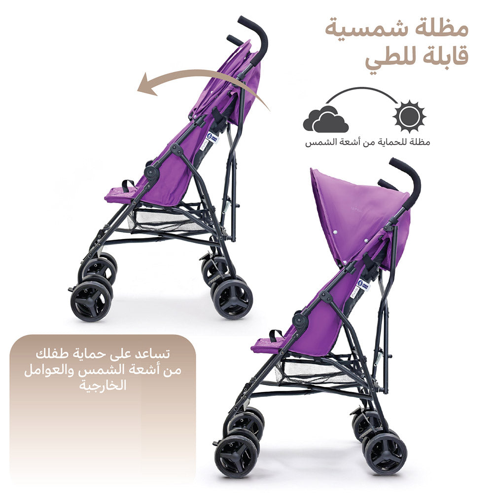 عربة الأطفال للسفر خفيفة الوزن Nurtur Leo Umbrella Pro قابلة للطي بشكل صغير، مظلة شمس قابلة للتعديل والإزالة، حزام أمان بخمس نقاط، مقعد ومسند ظهر مبطنان، عجلات أمامية دوارة مع قفل وسلة تخزين – أرجواني