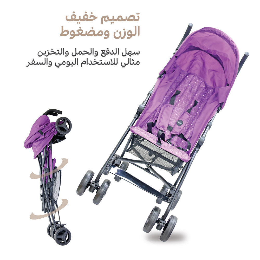 عربة الأطفال للسفر خفيفة الوزن Nurtur Leo Umbrella Pro قابلة للطي بشكل صغير، مظلة شمس قابلة للتعديل والإزالة، حزام أمان بخمس نقاط، مقعد ومسند ظهر مبطنان، عجلات أمامية دوارة مع قفل وسلة تخزين – أرجواني