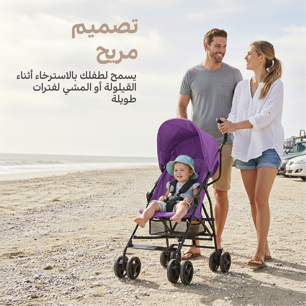 عربة الأطفال للسفر خفيفة الوزن Nurtur Leo Umbrella Pro قابلة للطي بشكل صغير، مظلة شمس قابلة للتعديل والإزالة، حزام أمان بخمس نقاط، مقعد ومسند ظهر مبطنان، عجلات أمامية دوارة مع قفل وسلة تخزين – أرجواني