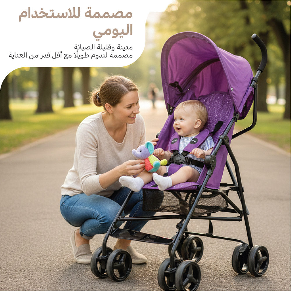 عربة الأطفال للسفر خفيفة الوزن Nurtur Leo Umbrella Pro قابلة للطي بشكل صغير، مظلة شمس قابلة للتعديل والإزالة، حزام أمان بخمس نقاط، مقعد ومسند ظهر مبطنان، عجلات أمامية دوارة مع قفل وسلة تخزين – أرجواني