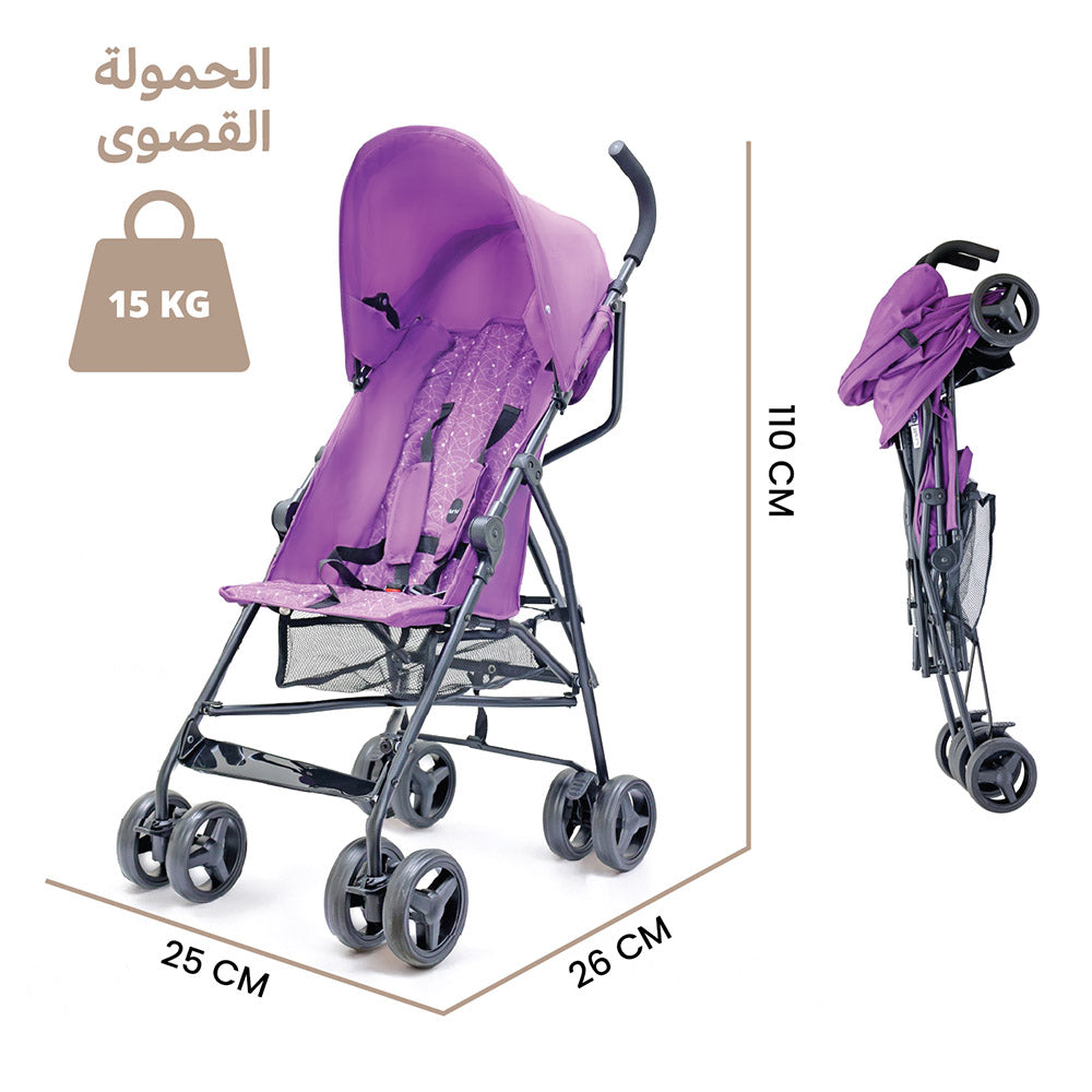 عربة الأطفال للسفر خفيفة الوزن Nurtur Leo Umbrella Pro قابلة للطي بشكل صغير، مظلة شمس قابلة للتعديل والإزالة، حزام أمان بخمس نقاط، مقعد ومسند ظهر مبطنان، عجلات أمامية دوارة مع قفل وسلة تخزين – أرجواني