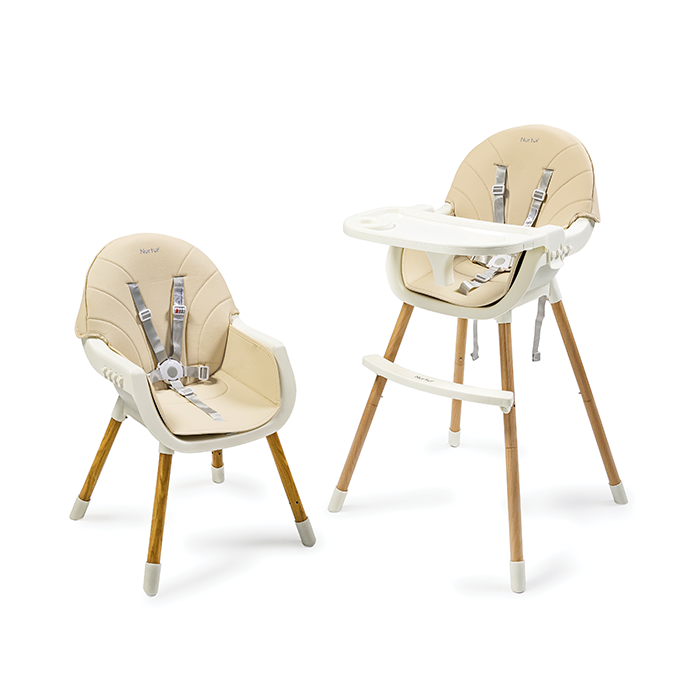 Nurtur 2 in 1High chair, adjustable height, wooden finish, with padded cushioning, Detachable Tray, footrest included - Beige