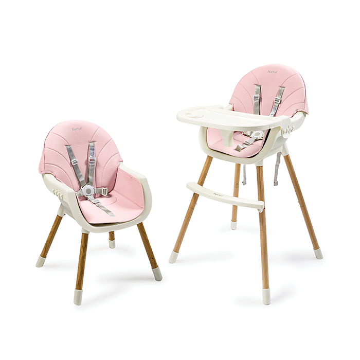 Nurtur 2 in 1High chair, adjustable height, wooden finish, with padded cushioning, Detachable Tray, footrest included - Pink