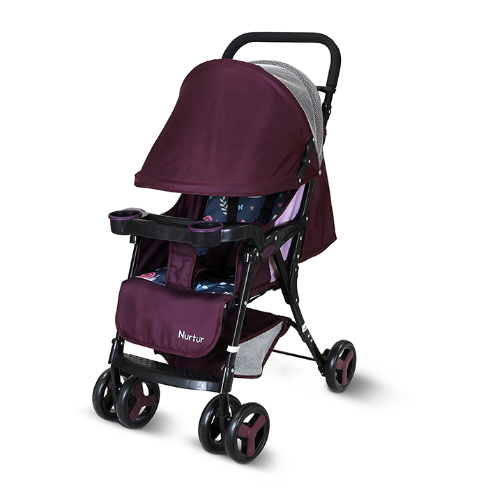 Nurtur Ryder Ultra Compact Lightweight Baby Travel Stroller with Storage Basket, Detachable Food Tray, Reclining Seat and Leg Rest, 0-36 Months, , Burgundy Printed
