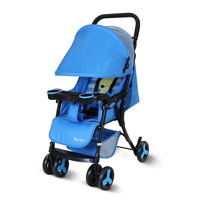 Nurtur Ryder Ultra Compact Lightweight Baby Travel Stroller with Storage Basket, Detachable Food Tray, Reclining Seat and Leg Rest, 0-36 Months, , Light Blue Printed