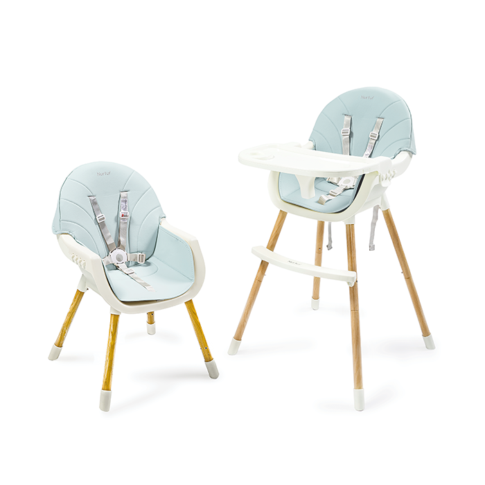 Nurtur 2 in 1High chair, adjustable height, wooden finish, with padded cushioning, Detachable Tray, footrest included - Blue