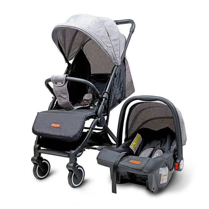 Nurtur Plus Travel System - Stroller with Baby Carrier, 0 36 months, Storage Basket, Detachable Bumper, 5 Point Safety Harness, Compact Foldable Design, Grey