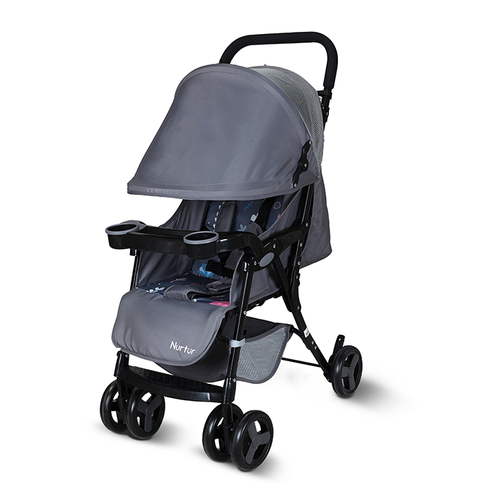 Nurtur Ryder Ultra Compact Lightweight Baby Travel Stroller with Storage Basket, Detachable Food Tray, Reclining Seat and Leg Rest, 0-36 Months, , Grey Printed