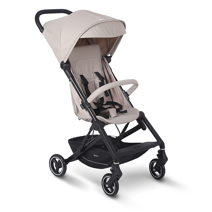 Nurtur Pixel Baby/Kids Travel Cabin Stroller, Aluminium Alloy, leatherette details, 0 36 months, Storage Basket, Detachable Bumper, 5 Point Safety Harness, Compact Foldable Design, Grey