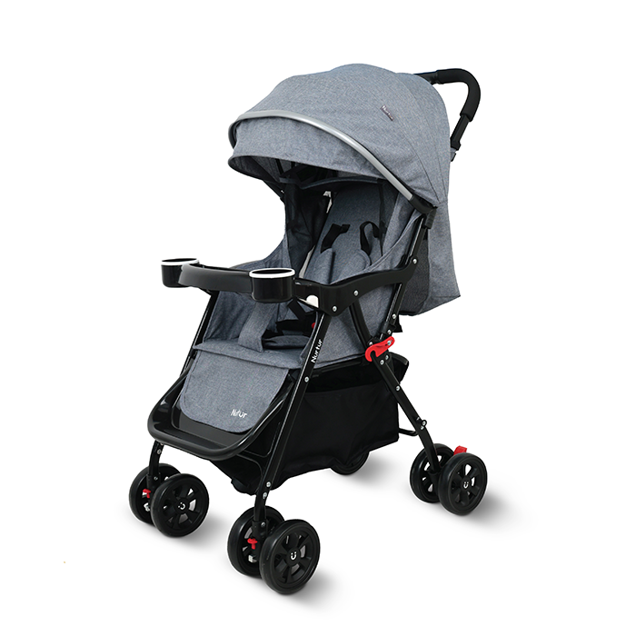 Nurtur Bliss Ultra Compact Lightweight Baby Travel Stroller with Storage Basket, Detachable Food Tray, Reclining Seat and Leg Rest, 0-36 Months, Grey