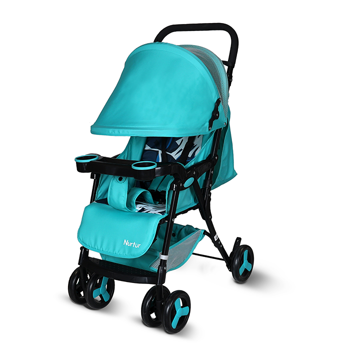 Nurtur Ryder Ultra Compact Lightweight Baby Travel Stroller with Storage Basket, Detachable Food Tray, Reclining Seat and Leg Rest, 0-36 Months, , Teal Printed