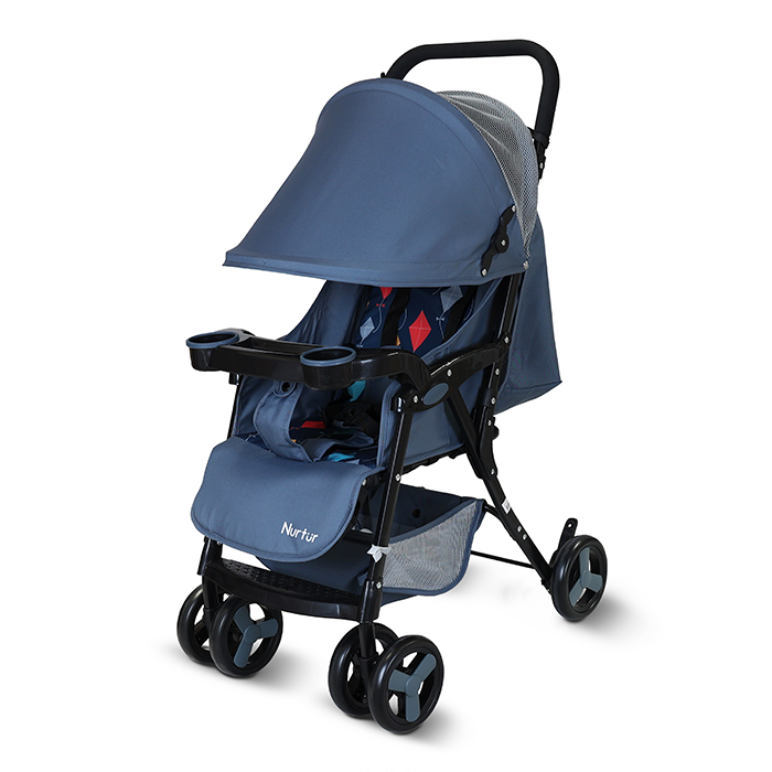 Nurtur Ryder Ultra Compact Lightweight Baby Travel Stroller with Storage Basket, Detachable Food Tray, Reclining Seat and Leg Rest, 0-36 Months, , Navy Printed