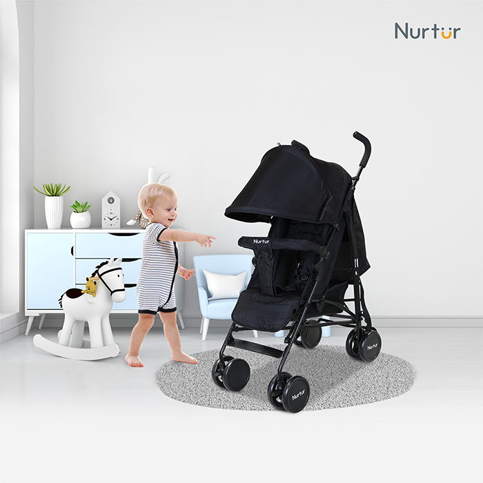 Nurtur Archer Baby/Kids Lightweight Travel Stroller 0 36 Months, Storage Basket, Detachable Bumper, 5 Point Safety Harness, Compact Design, Black