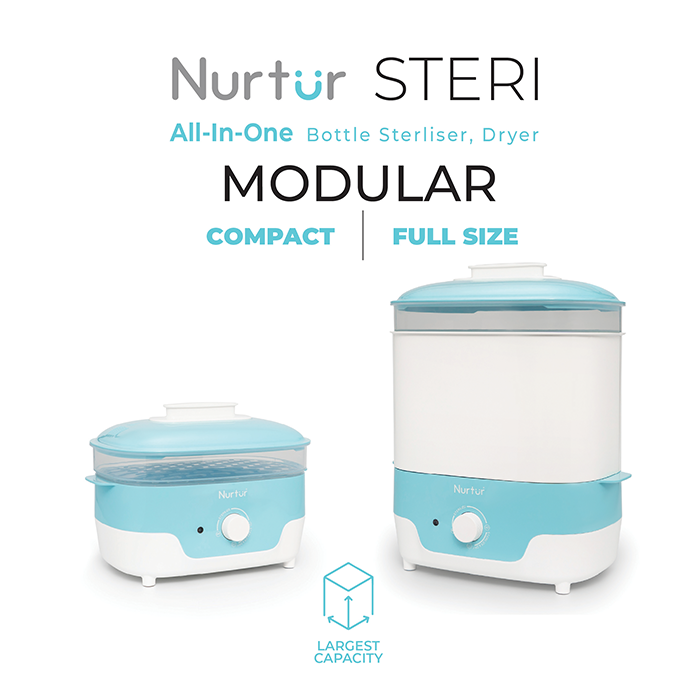 Nurtur Steri Modular Sterilizer dryer, Auto Steam and Dry baby bottles and accessories, 8 bottle capacity, mnodular design, auto shut off, UK Plug, led Timer Function