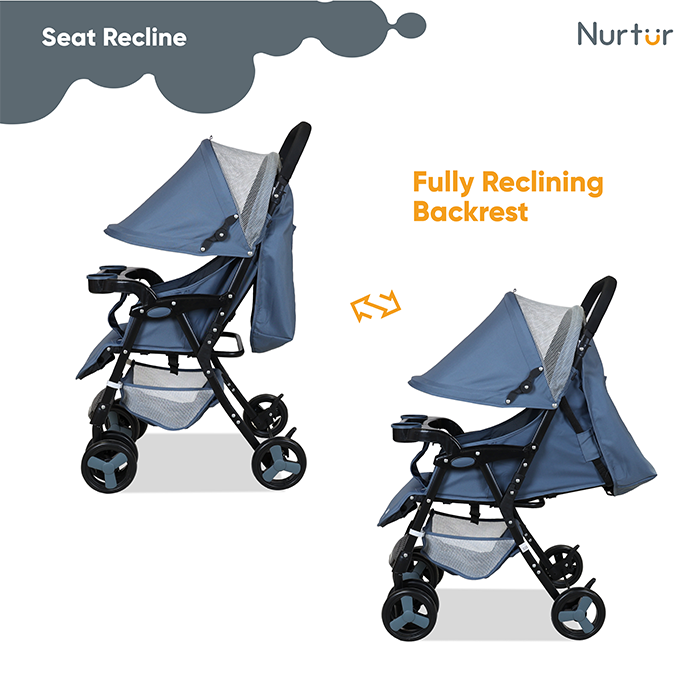 Nurtur Ryder Ultra Compact Lightweight Baby Travel Stroller with Storage Basket, Detachable Food Tray, Reclining Seat and Leg Rest, 0-36 Months, , Navy Printed