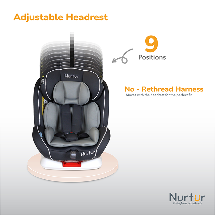 Nurtur Ultra Baby/Kids 4-in-1 Car Seat - 360° Rotation - ISOFIX – 9-Level Adjustable Headrest and Canopy - 0 months to 12 years (Group 0+/1/2/3), Upto 36kg - Grey Multi