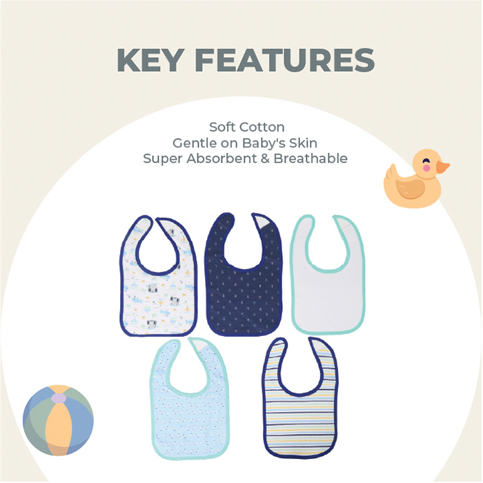 Nurtur 5 pack milk feeding bibs - Terry Cotton - Blue Multi/Boy