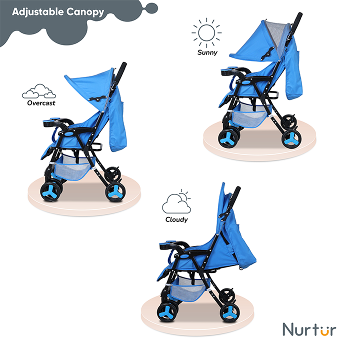 Nurtur Ryder Ultra Compact Lightweight Baby Travel Stroller with Storage Basket, Detachable Food Tray, Reclining Seat and Leg Rest, 0-36 Months, , Light Blue Printed