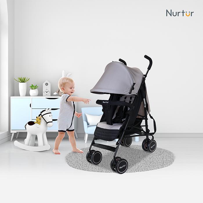 Nurtur Archer Baby/Kids Lightweight Travel Stroller 0 36 Months, Storage Basket, Detachable Bumper, 5 Point Safety Harness, Compact Design, Light Grey