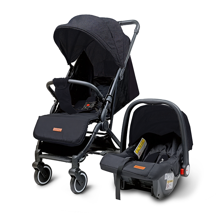 Nurtur Plus Travel System - Stroller with Baby Carrier, 0 36 months, Storage Basket, Detachable Bumper, 5 Point Safety Harness, Compact Foldable Design, Black
