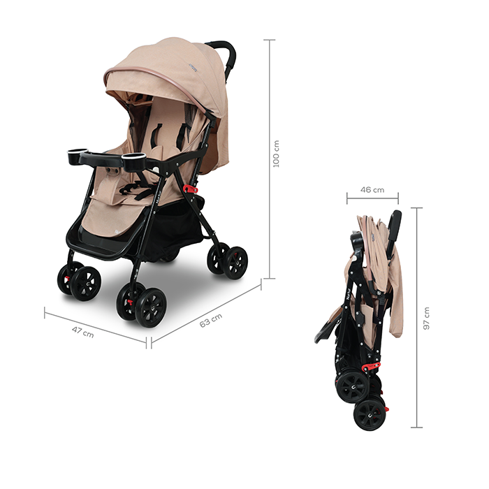 Nurtur Bliss Ultra Compact Lightweight Baby Travel Stroller with Storage Basket, Detachable Food Tray, Reclining Seat and Leg Rest, 0-36 Months, Sand