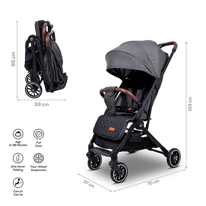 Nurtur Bravo Plus Baby Stroller 0 to 36 months, Storage Basket, Leatherette details, One -hand fold design, 5 Point Safety Harness, EVA wheels - Black/Sand