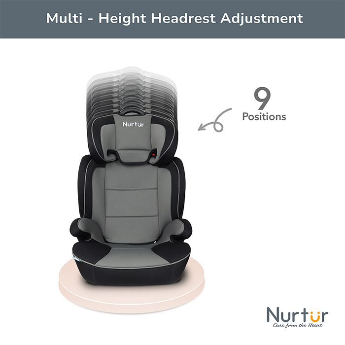 Nurtur Jupiter Baby/Kids 3-in-1 Car Seat + Booster Seat - Adjustable Backrest - Extra Protection - 5-Point Safety Harness - 9 months to 12 years (Group 1/2/3), Upto 36kg - Grey Multi