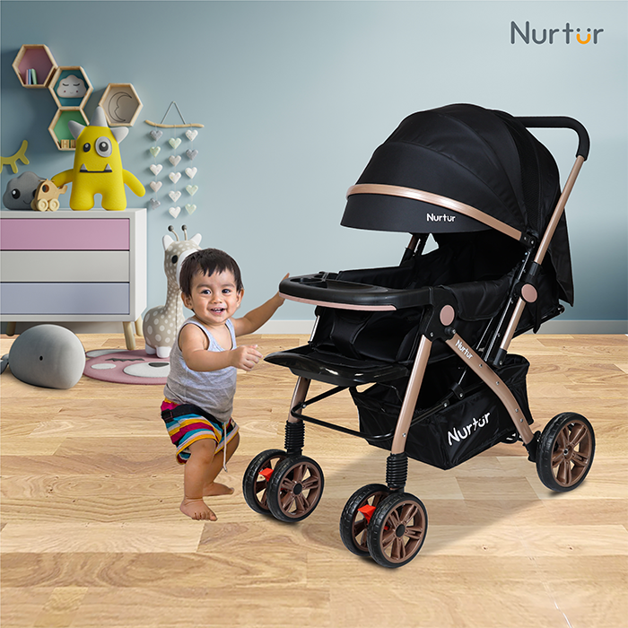 Nurtur Wilder Reversible Reversible Baby/Kids Stroller 5 Point Safety Harness, Adjustable Backrest and Canopy, Reversible Handle, Black