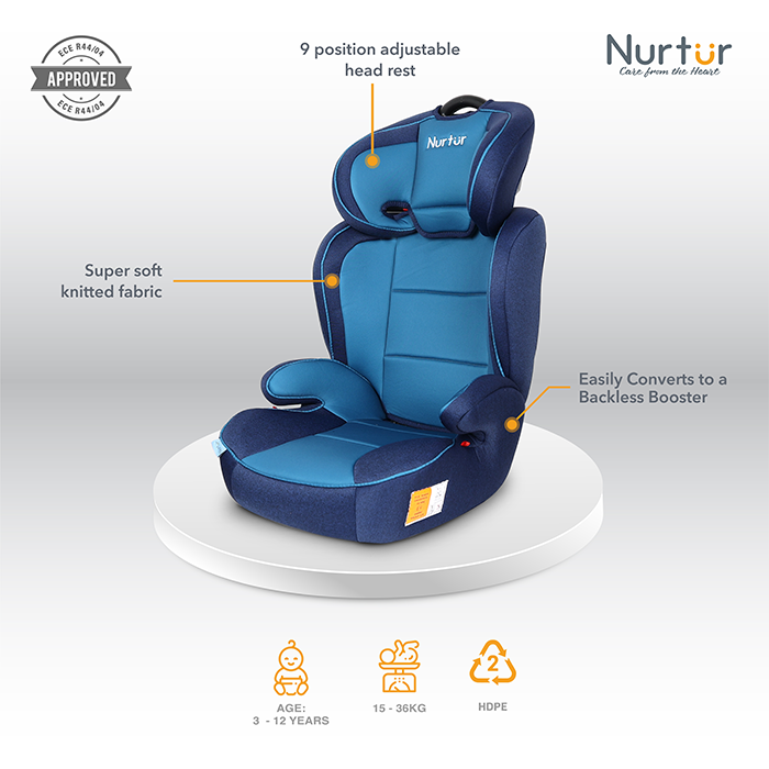 Nurtur Jupiter Baby/Kids 3-in-1 Car Seat + Booster Seat - Adjustable Backrest - Extra Protection - 5-Point Safety Harness - 9 months to 12 years (Group 1/2/3), Upto 36kg - Blue Multi