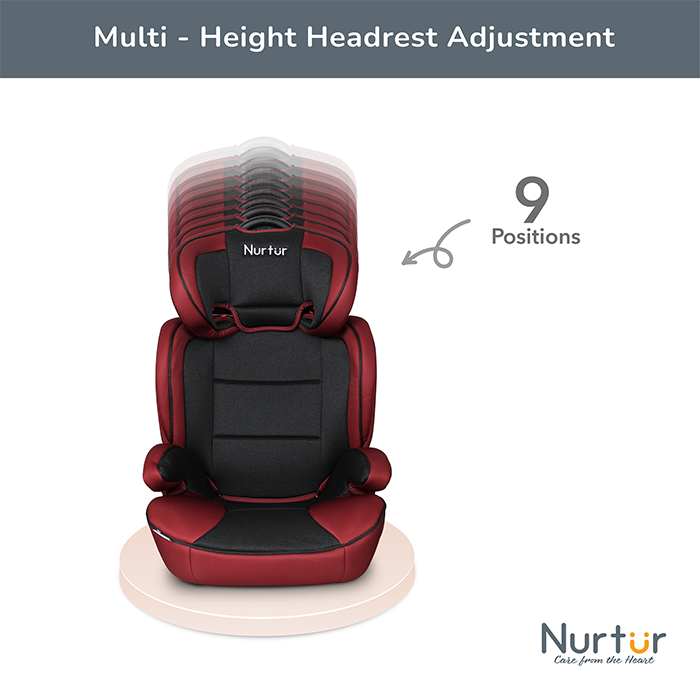 Nurtur Jupiter Baby/Kids 3-in-1 Car Seat + Booster Seat - Adjustable Backrest - Extra Protection - 5-Point Safety Harness - 9 months to 12 years (Group 1/2/3), Upto 36kg - Red Multi