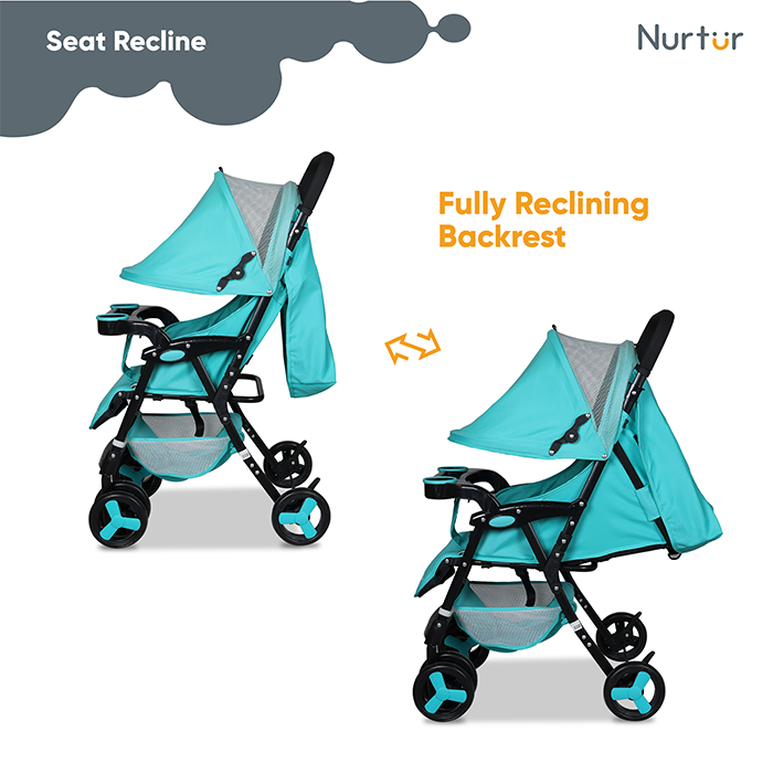 Nurtur Ryder Ultra Compact Lightweight Baby Travel Stroller with Storage Basket, Detachable Food Tray, Reclining Seat and Leg Rest, 0-36 Months, , Teal Printed