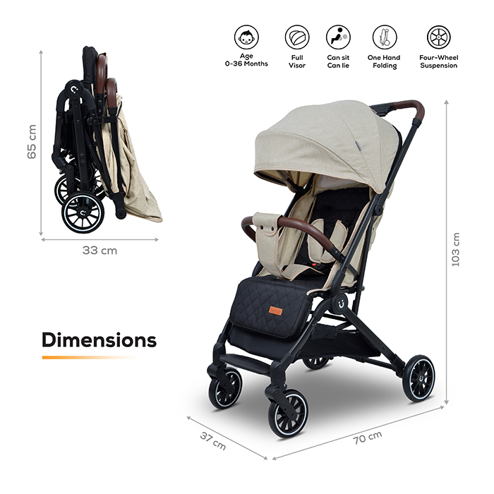 Nurtur Bravo Plus Baby Stroller 0 to 36 months, Storage Basket, Leatherette details, One -hand fold design, 5 Point Safety Harness, EVA wheels - Black/Grey