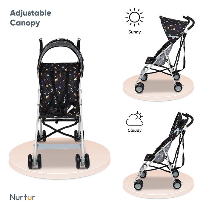 Nurtur Rex Lightweight Stroller – Compact Fold, Sun Canopy, Shoulder Strap, Airflow Design, Portable Buggy for Toddlers 6-36 Months, Easy Fold, - Black Print