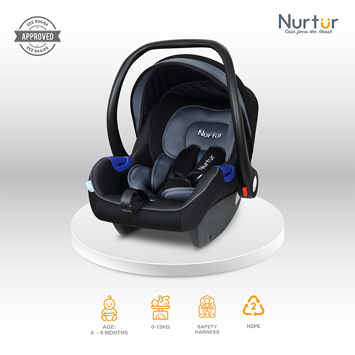 Nurtur Nemo Baby Carrier - Adjustable Canopy and Handle - Extra Protection – 3 -Point Safety Harness - Suitable from 0 months to 12 months, Upto 13kg, Grey Multi