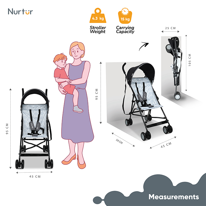 Nurtur Rex Lightweight Stroller – Compact Fold, Sun Canopy, Shoulder Strap, Airflow Design, Portable Buggy for Toddlers 6-36 Months, Easy Fold, - Black / Grey