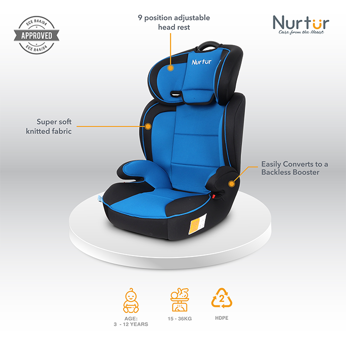 Nurtur Jupiter Baby/Kids 3-in-1 Car Seat + Booster Seat - Adjustable Backrest - Extra Protection - 5-Point Safety Harness - 9 months to 12 years (Group 1/2/3), Upto 36kg - Blue Multi