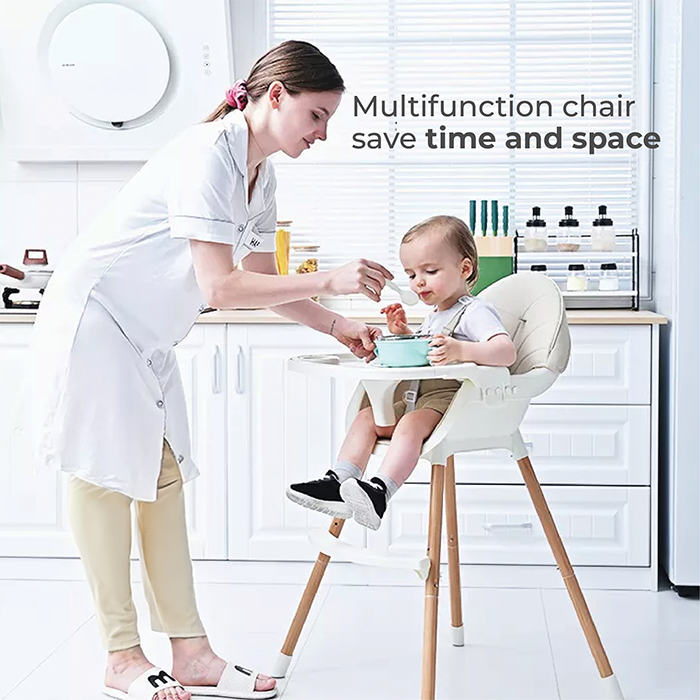Nurtur 2 in 1High chair, adjustable height, wooden finish, with padded cushioning, Detachable Tray, footrest included - Beige