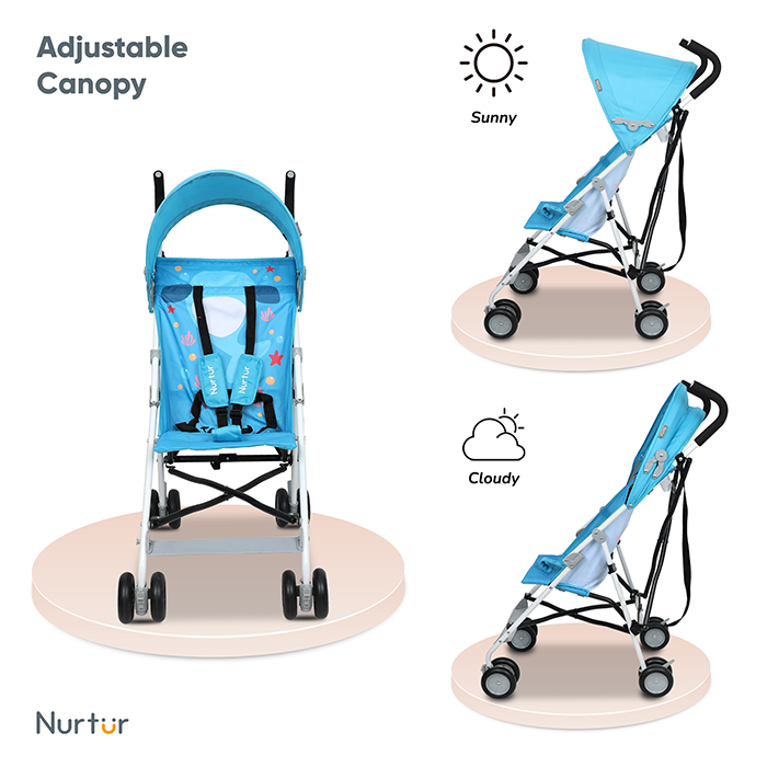 Nurtur Rex Lightweight Stroller – Compact Fold, Sun Canopy, Shoulder Strap, Airflow Design, Portable Buggy for Toddlers 6-36 Months, Easy Fold, - Light Blue