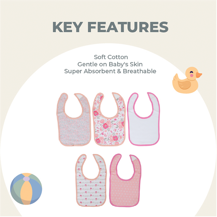 Nurtur 5 pack milk feeding bibs - Terry Cotton - Pink Multi/Girl