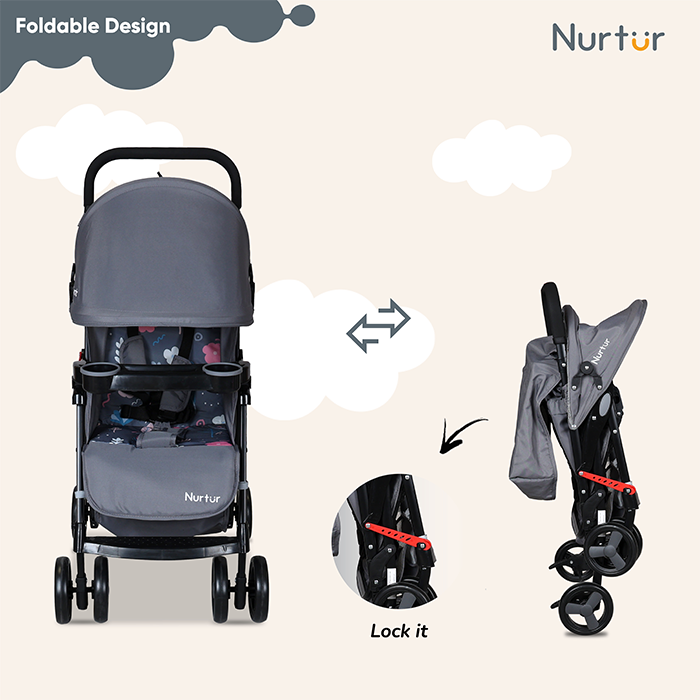 Nurtur Ryder Ultra Compact Lightweight Baby Travel Stroller with Storage Basket, Detachable Food Tray, Reclining Seat and Leg Rest, 0-36 Months, , Grey Printed